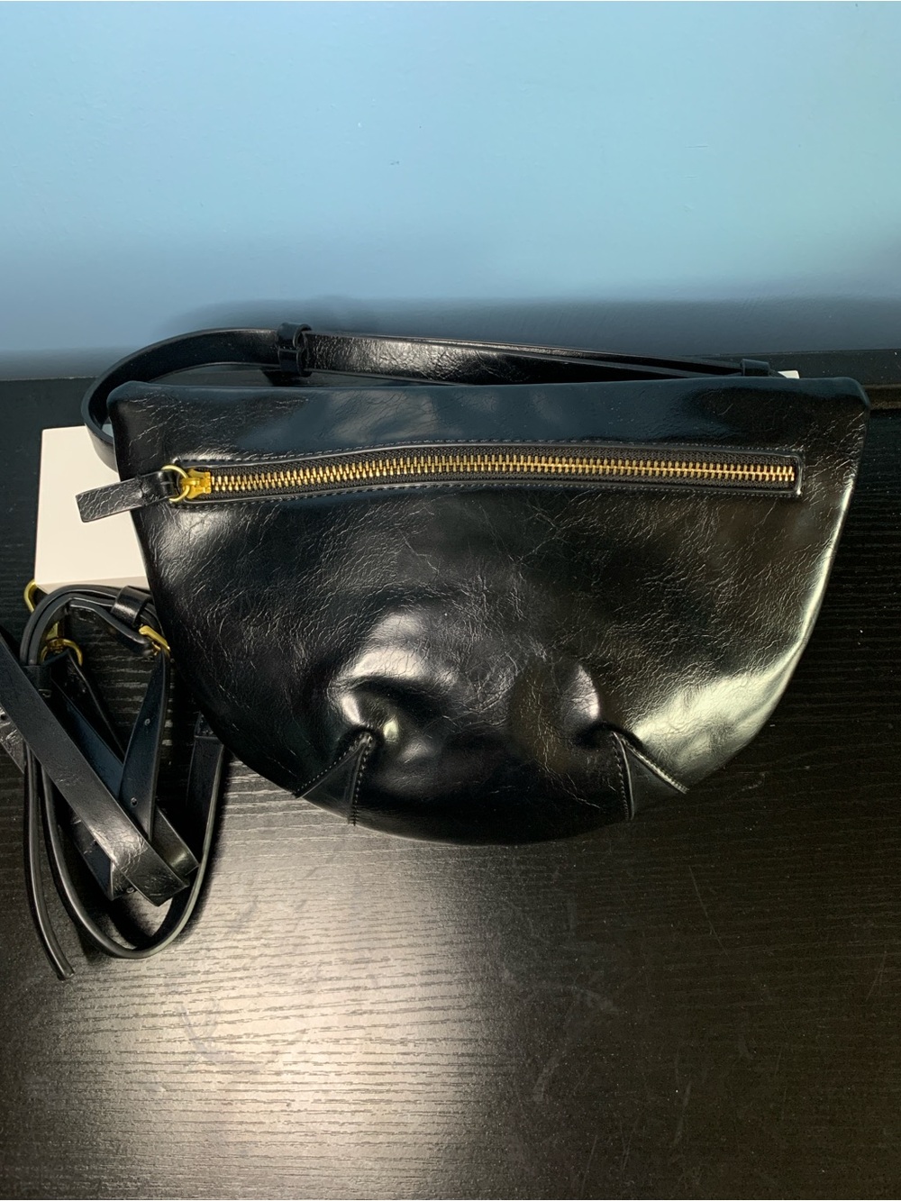 Anthropologie Black Leather belt Pouch with Gold-Tone Zipper and 2nd carry strap